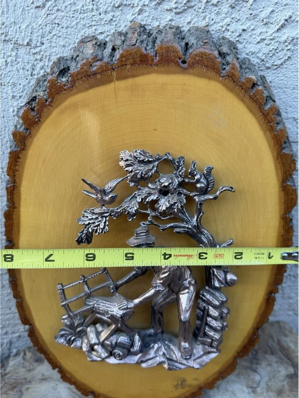 Vintage German 3D Metal Woodcutter Plaque Tree Slice Folk Art Personal Note